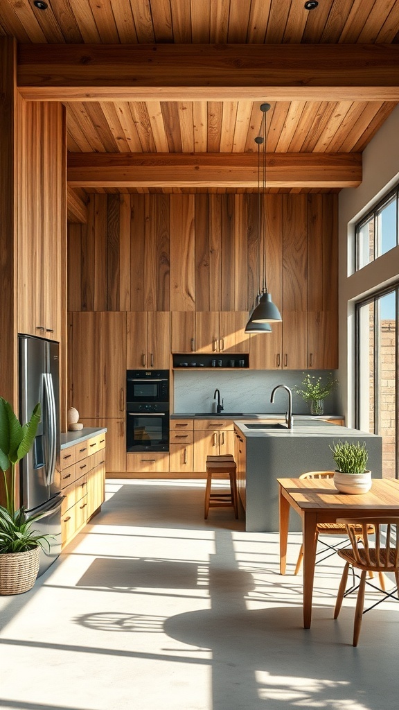 A semi-open kitchen featuring wooden cabinetry, modern appliances, and a cozy dining area with natural light.