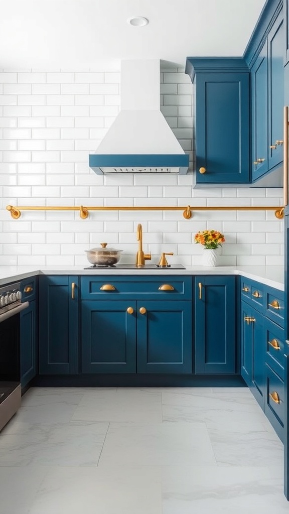A kitchen featuring blue shaker style cabinets with gold hardware and a white subway tile backsplash.