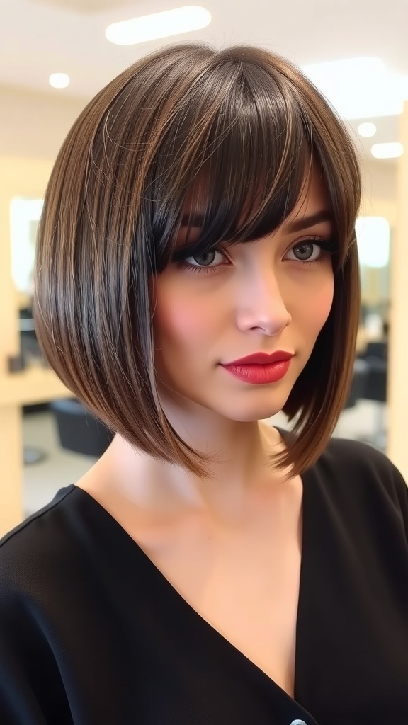 A woman with a blunt cut bob hairstyle and wispy bangs, showcasing a modern and stylish look.
