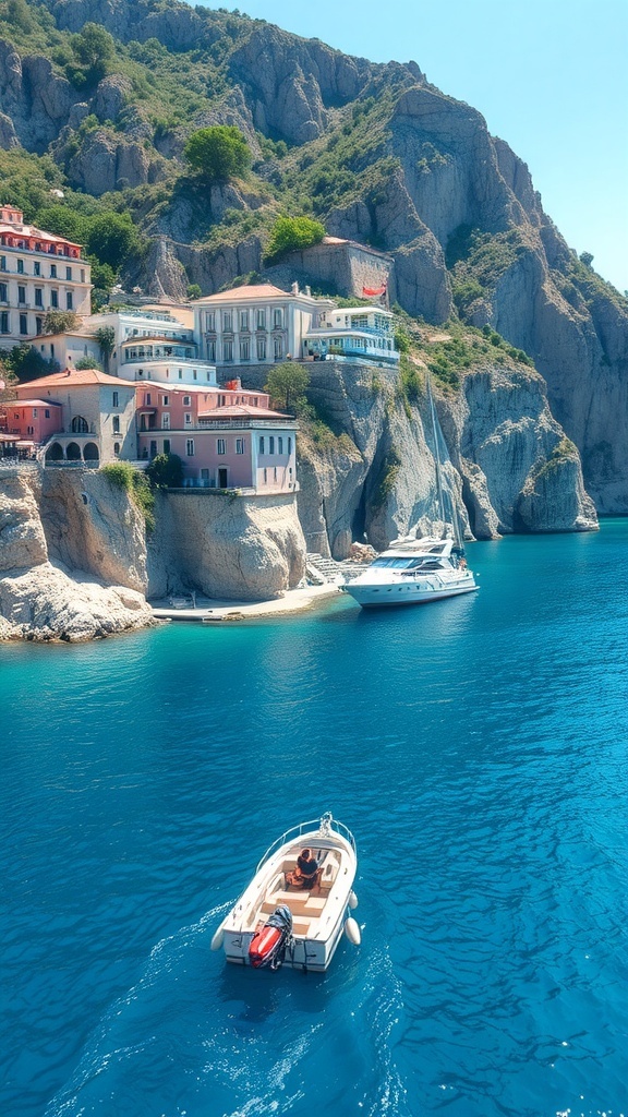 A boat navigating the clear blue waters of the Amalfi Coast, with cliffs and colorful buildings in the background.