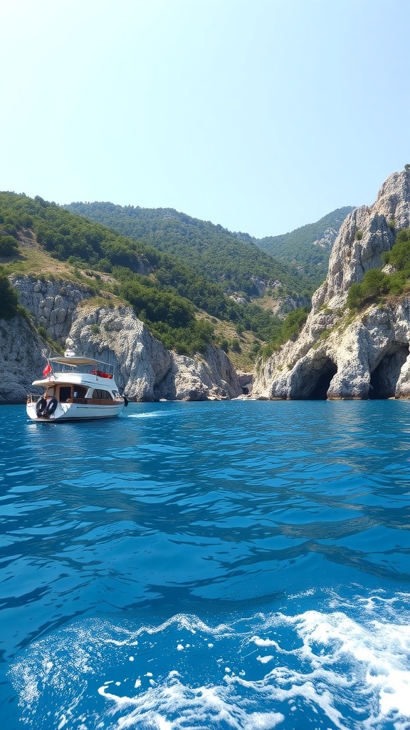 A boat navigating through the clear blue waters of Marmaris, Turkey, surrounded by rocky cliffs and greenery.