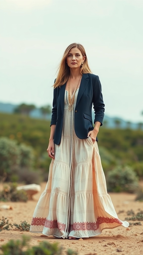 A woman wearing a bohemian blazer over a flowy dress, standing in a natural outdoor setting.