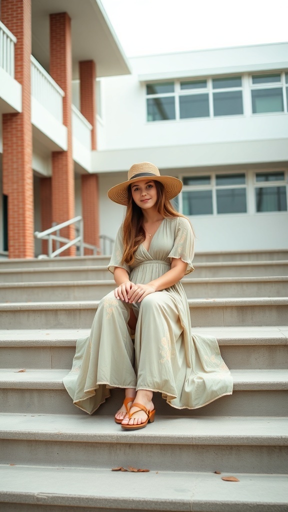 A young woman in a light-colored maxi dress and wide-brimmed hat sitting on steps at school.