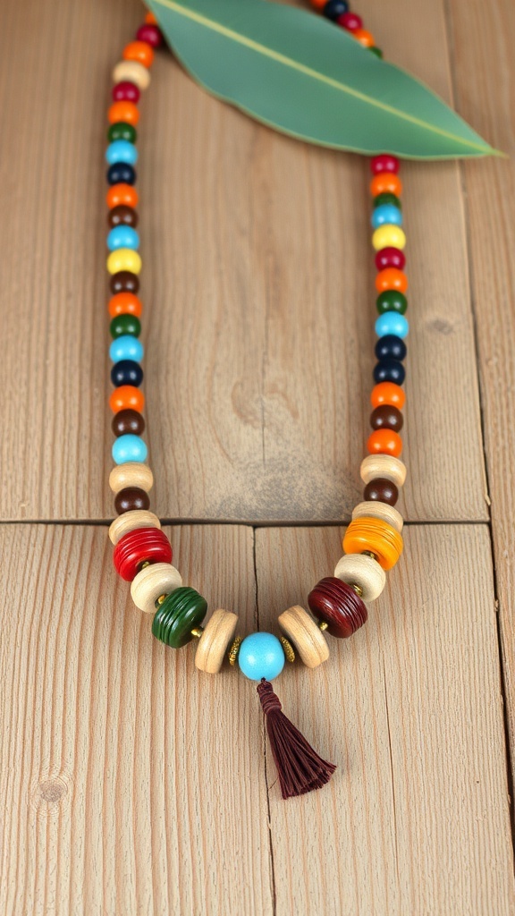 Colorful bohemian style beaded necklace with wooden and round beads, featuring a tassel.