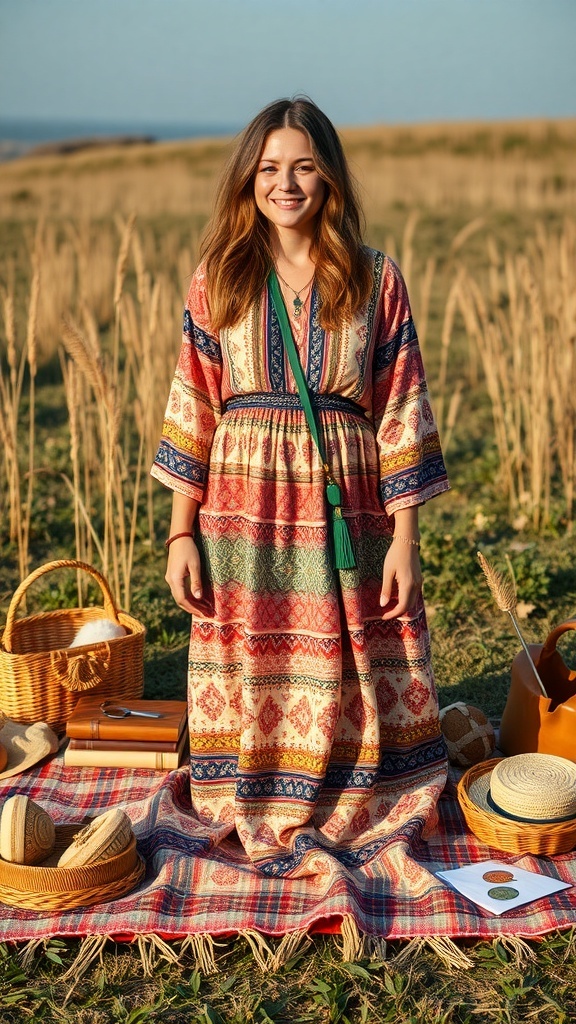 A woman in a colorful bohemian dress standing on a picnic blanket surrounded by baskets and a scenic field.