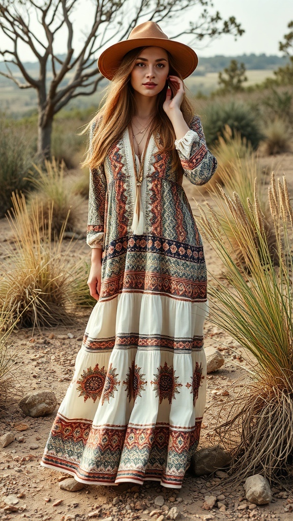 A woman wearing a bohemian style long frock with unique prints, standing in a natural setting.