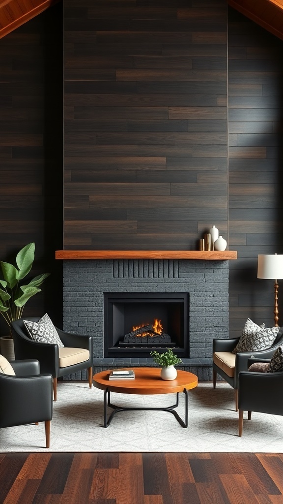 Living room with dark stained shiplap accent wall and fireplace, featuring modern furniture and plants.