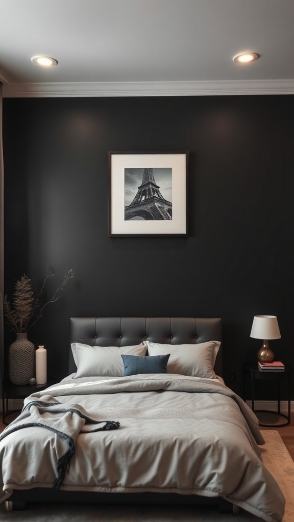 A cozy bedroom featuring a dark accent wall, stylish bedding, and modern decor.