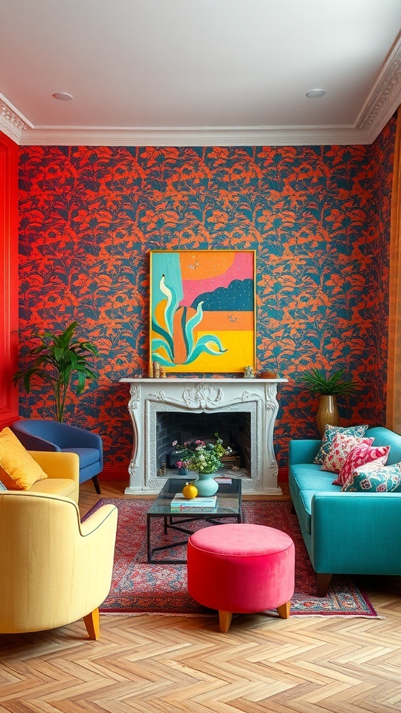 A vibrant living room featuring bold floral wallpaper, colorful furniture, and an eye-catching piece of artwork.