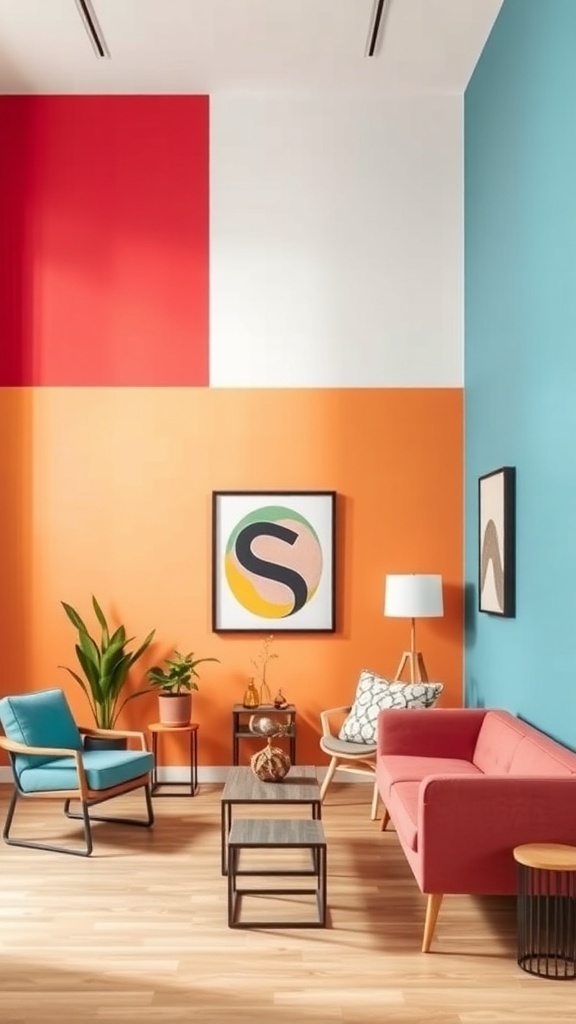 A room featuring bold color blocking with red, blue, and orange walls, pink sofa, and teal chairs.