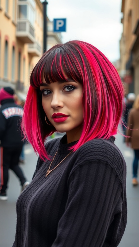 A young woman with a bold orange French bob hairstyle and bangs, wearing a teal jacket.
