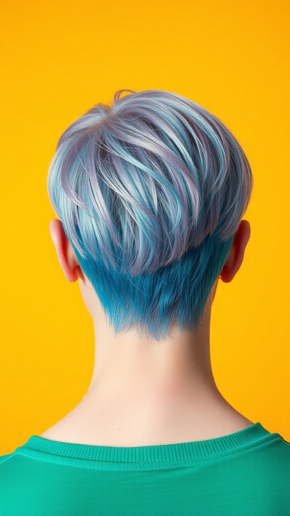 A person with a short haircut featuring vibrant blue and lavender hair colors against a bright yellow background.