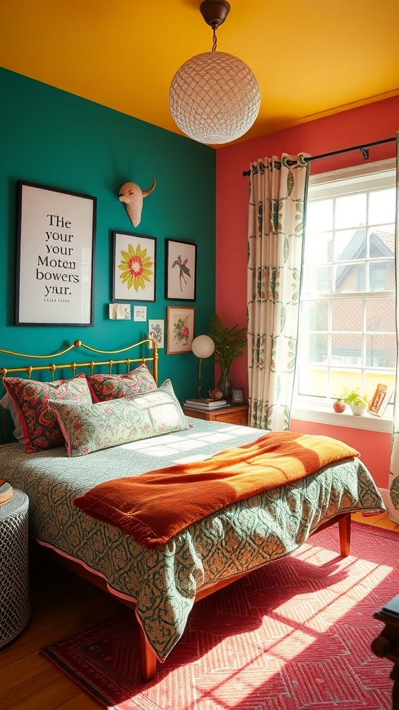A vibrant bedroom with teal and pink walls, a yellow ceiling, patterned bedding, and colorful artwork.
