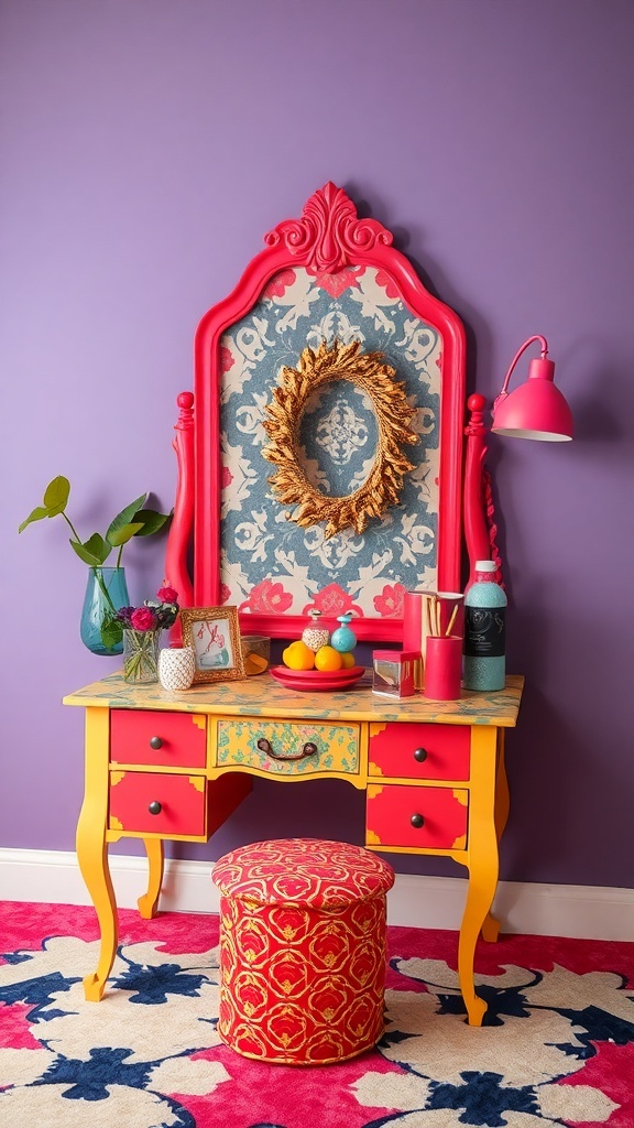 A colorful dressing table with a bright red frame, yellow accents, and a patterned stool against a purple wall.