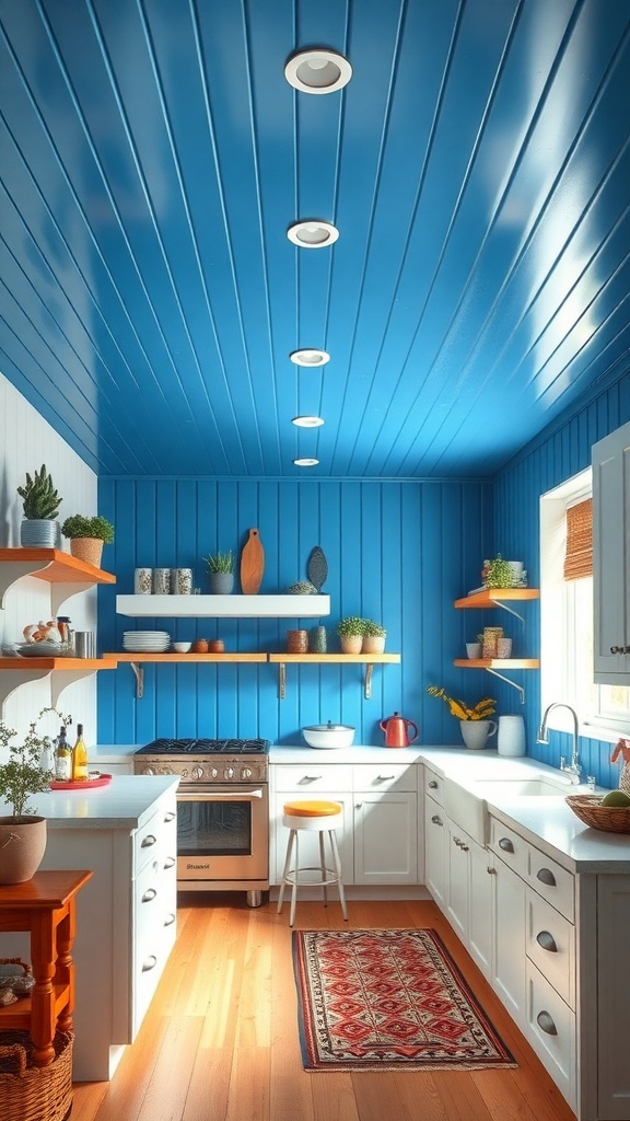 A kitchen featuring a bold blue beadboard ceiling, white cabinets, and warm wood accents.