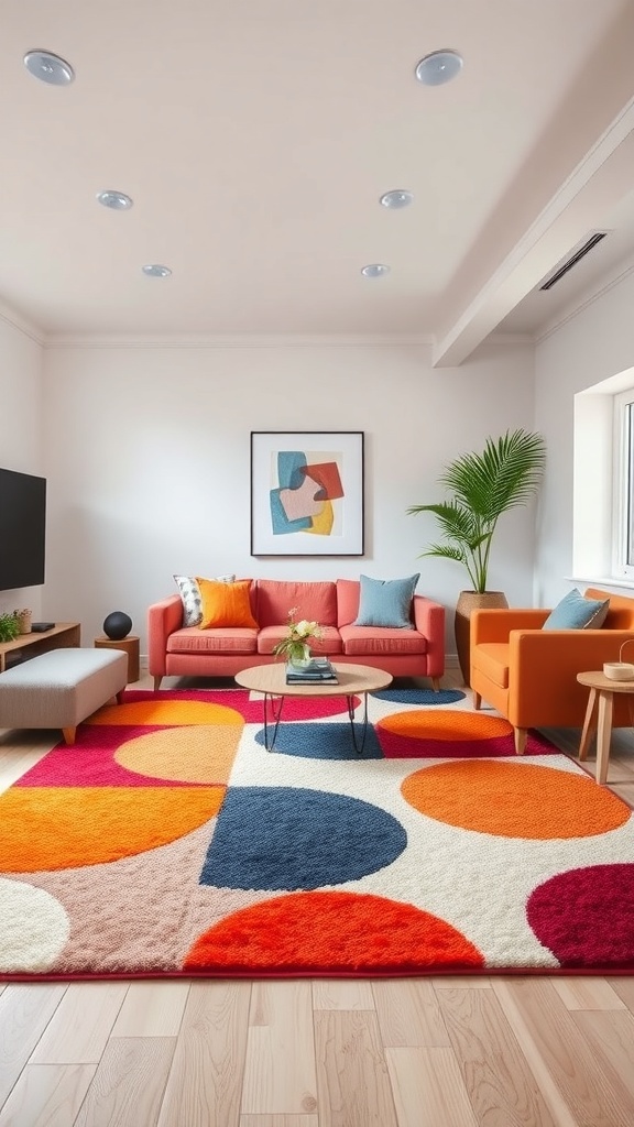 A living room with a tufted rug featuring bold geometric patterns in vibrant colors.