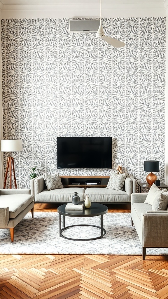 Living room with bold geometric patterned wallpaper, featuring modern furniture and wooden flooring.