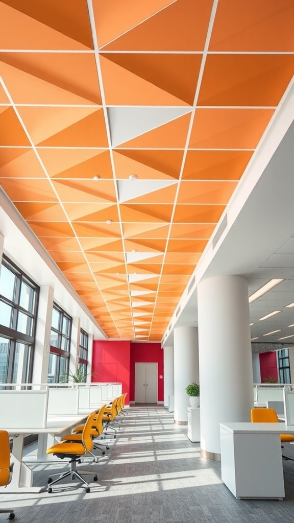 An office interior featuring a ceiling with bold orange geometric panels.