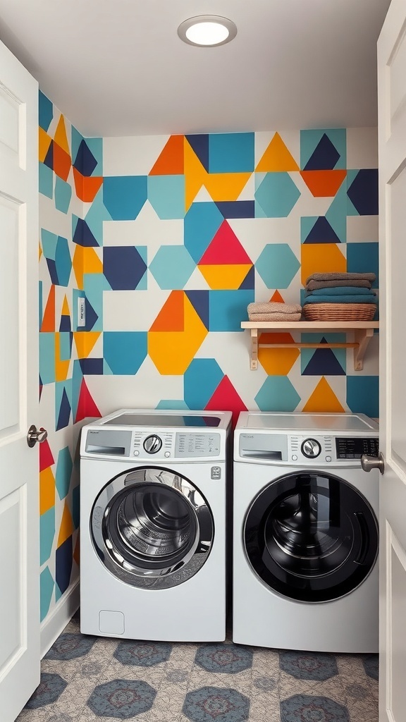 Laundry room with bold geometric wallpaper featuring colorful shapes and modern washing machines.