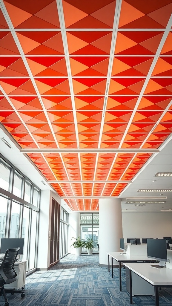 A modern office interior with a bold geometric PVC ceiling design featuring red and orange triangles.