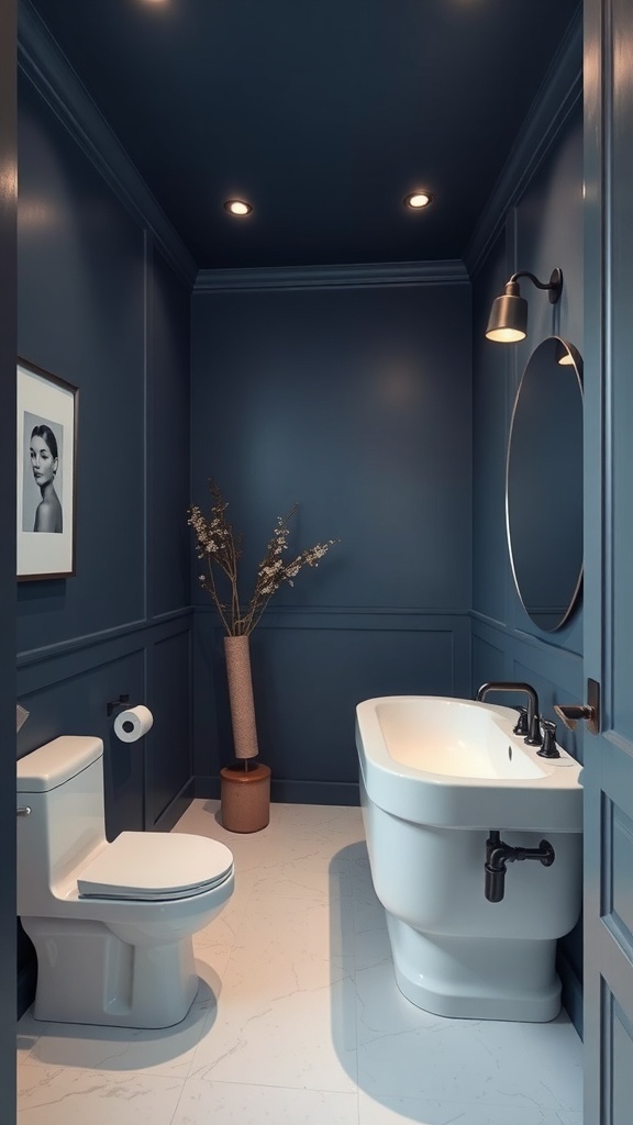 A modern bathroom featuring a bold dark blue ceiling, white bathtub, and elegant fixtures.