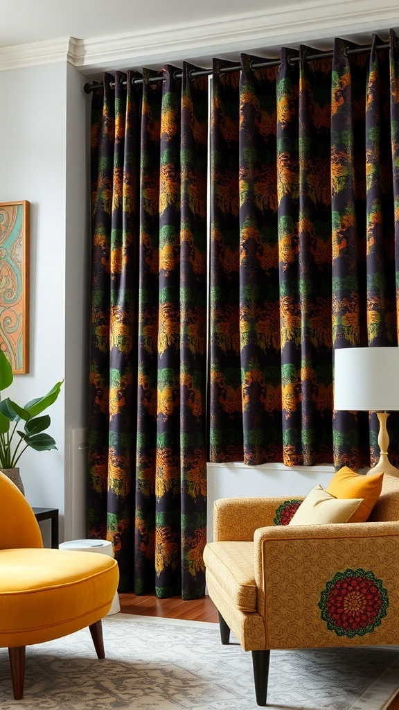 Bold patterned blackout curtains in a stylish living room setting