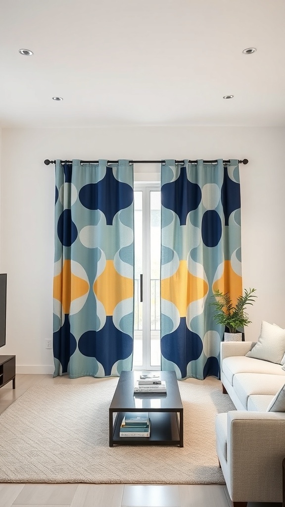 Sliding door curtains with bold geometric patterns in blue, yellow, and green.