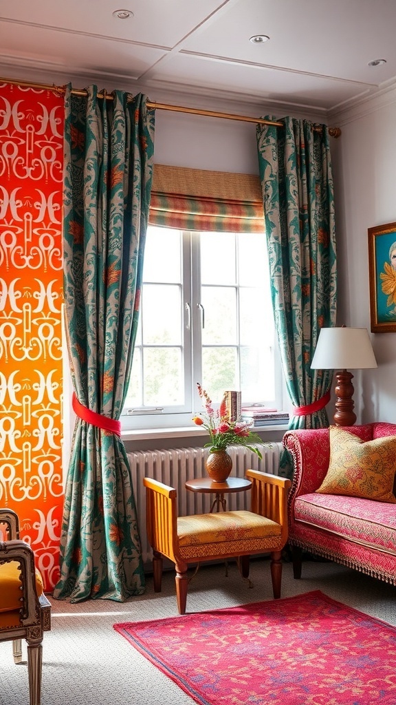 A living room with bold patterned curtains, featuring an orange patterned curtain and blue floral curtains, complemented by colorful furniture.