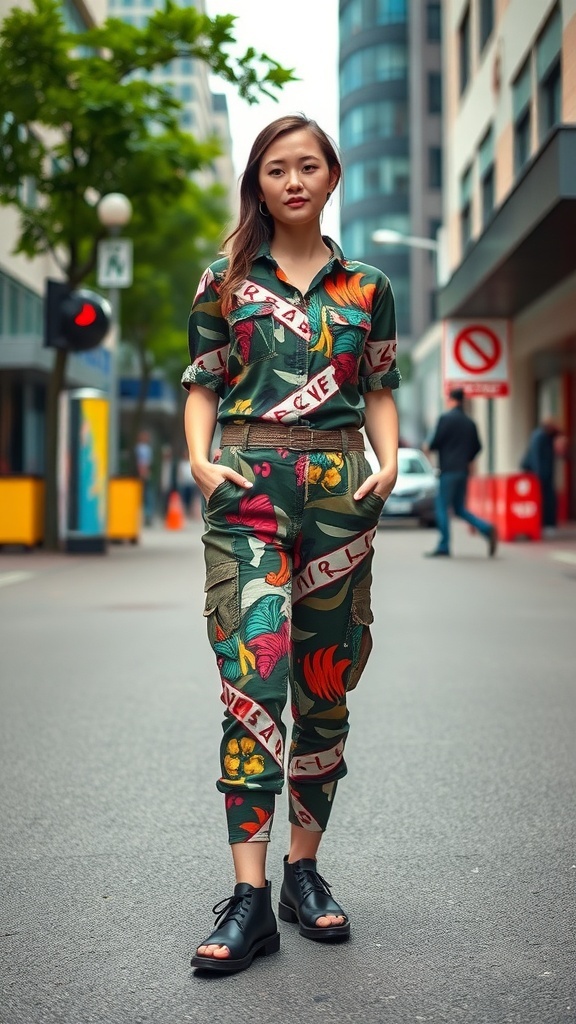 A woman wearing a bold printed cargo outfit with floral designs, standing confidently on a city street.