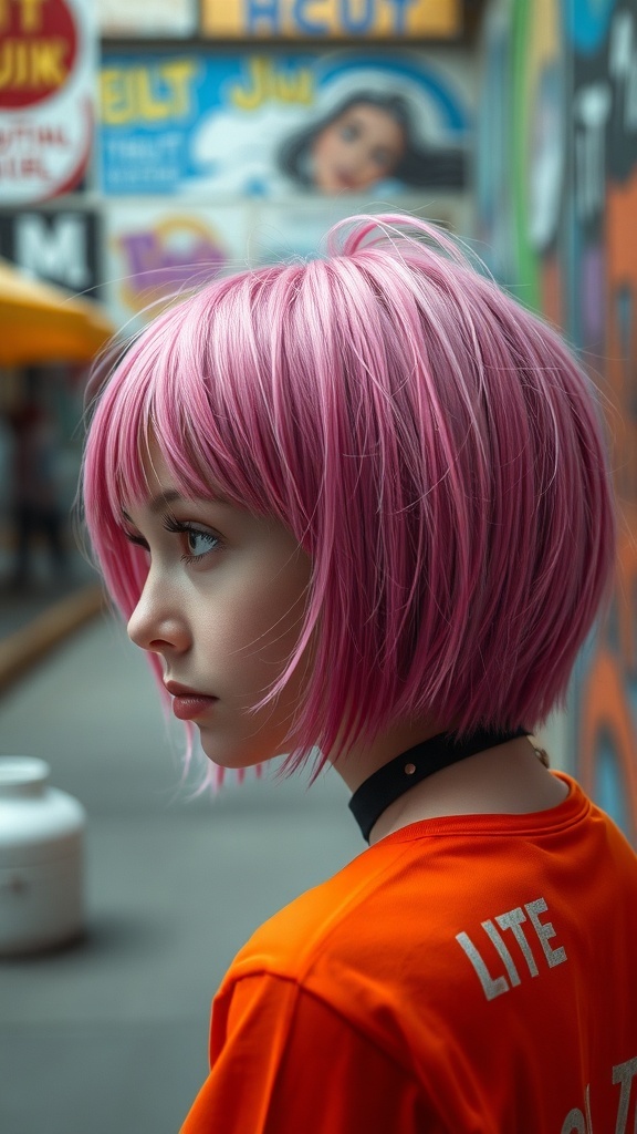 A person with a bold shag hairstyle featuring fringed bangs, styled in vibrant pink, standing in an urban setting.