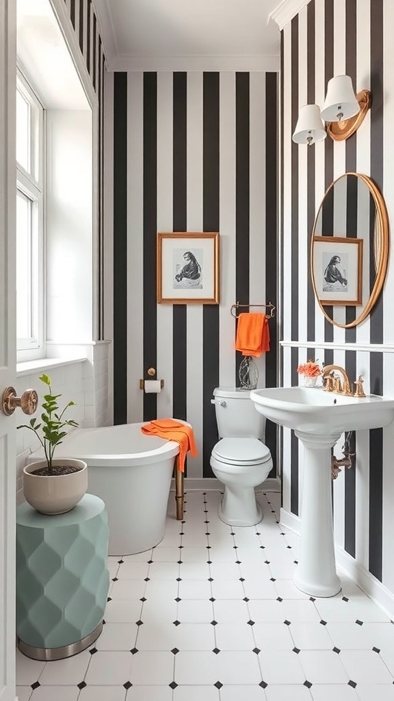 A stylish bathroom featuring bold black and white striped wallpaper, accented with orange decor and modern fixtures.