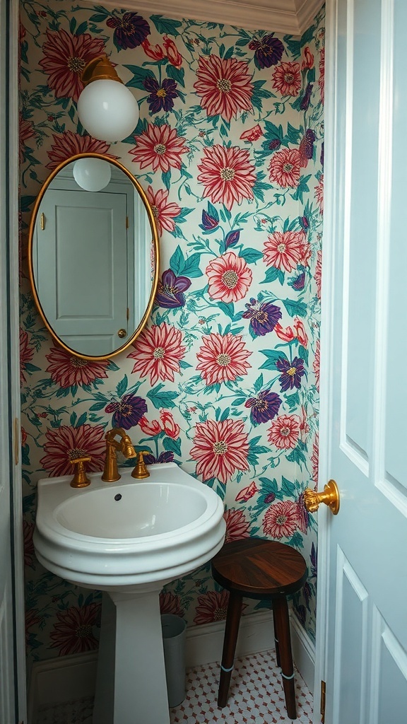 A small powder room featuring bold floral wallpaper, a white sink with gold fixtures, and a round mirror.