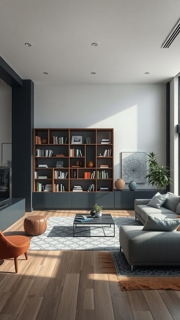 A modern living room featuring a bookshelf as a room divider, showcasing books and decor.