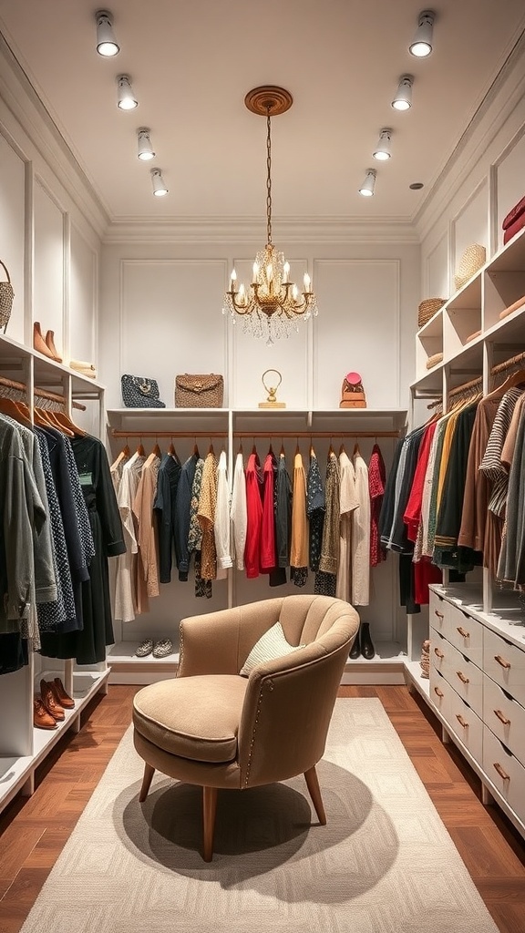 A stylish boutique-style closet featuring organized clothing, accessories, and a plush chair.