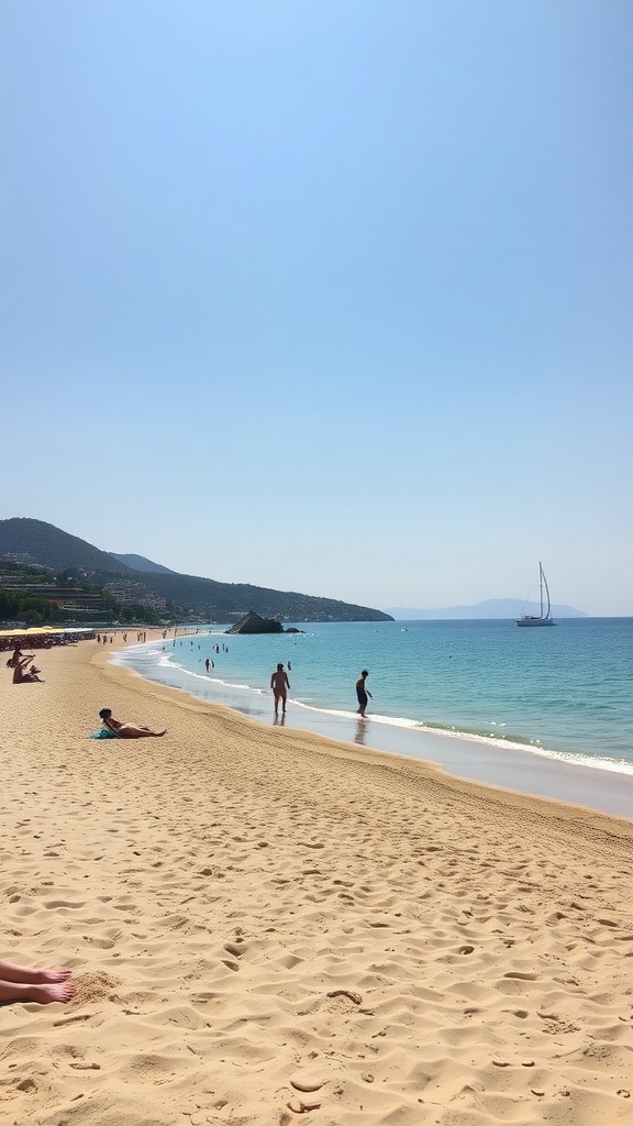 A beautiful beach in Alanya, Turkey, with golden sand and clear blue waters.