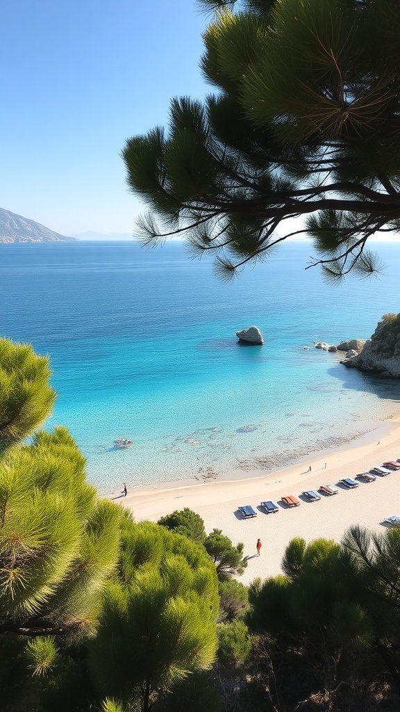 A beautiful beach in Corfu with clear blue waters and sunbeds lined along the shore.