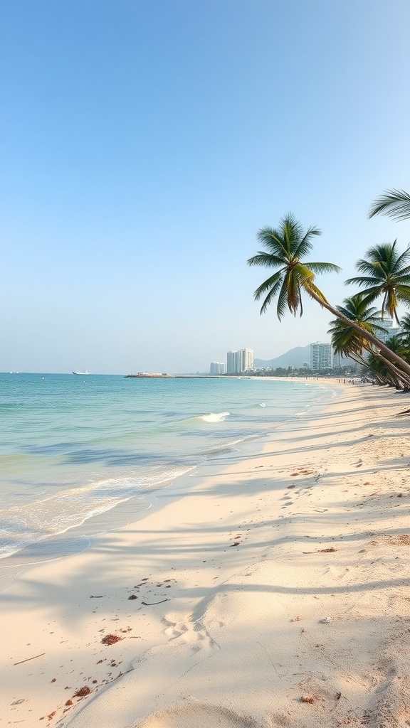 A beautiful beach in Da Nang, Vietnam with palm trees and clear blue water.