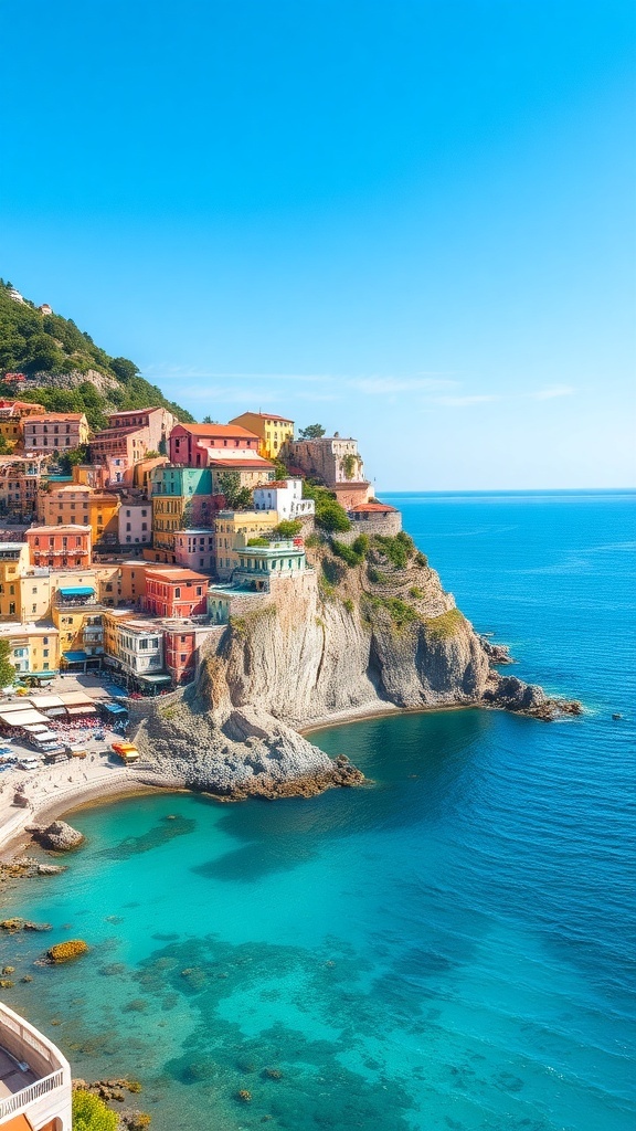 Colorful houses on cliffs overlooking the turquoise sea at the Amalfi Coast