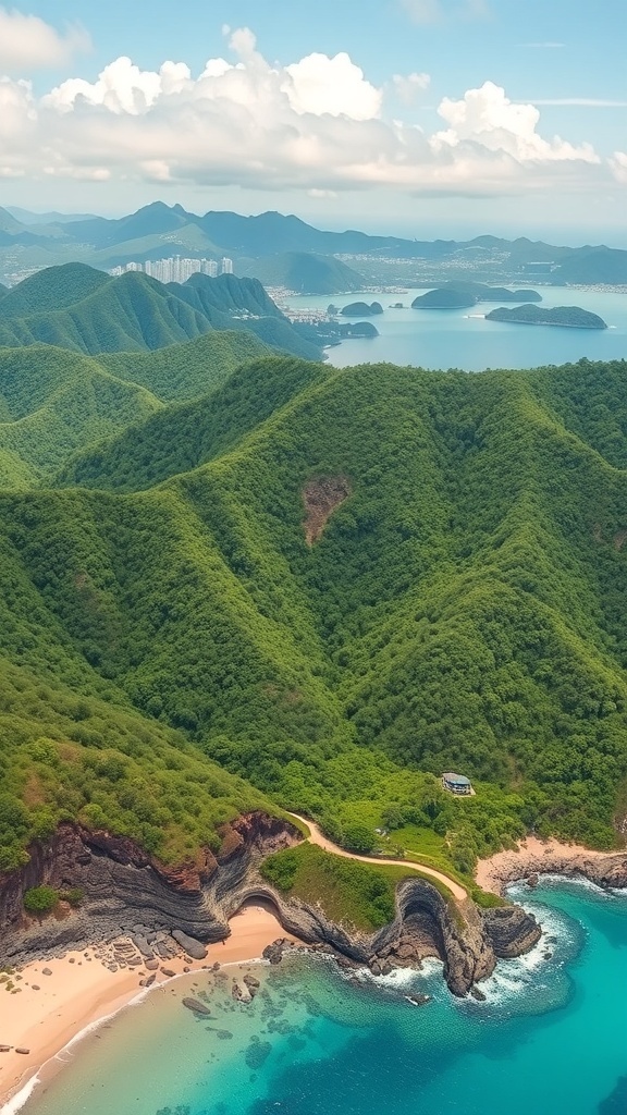Aerial view of lush green hills meeting the blue ocean in Okinawa, Japan.