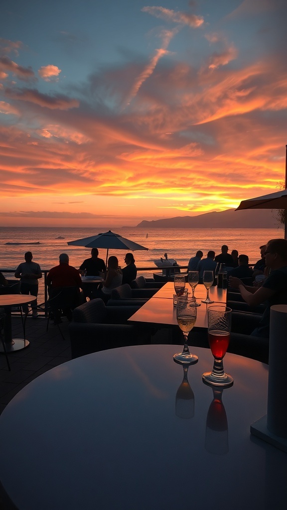A beautiful sunset view from Café del Mar in Ibiza, with drinks on the table and people enjoying the scenery.