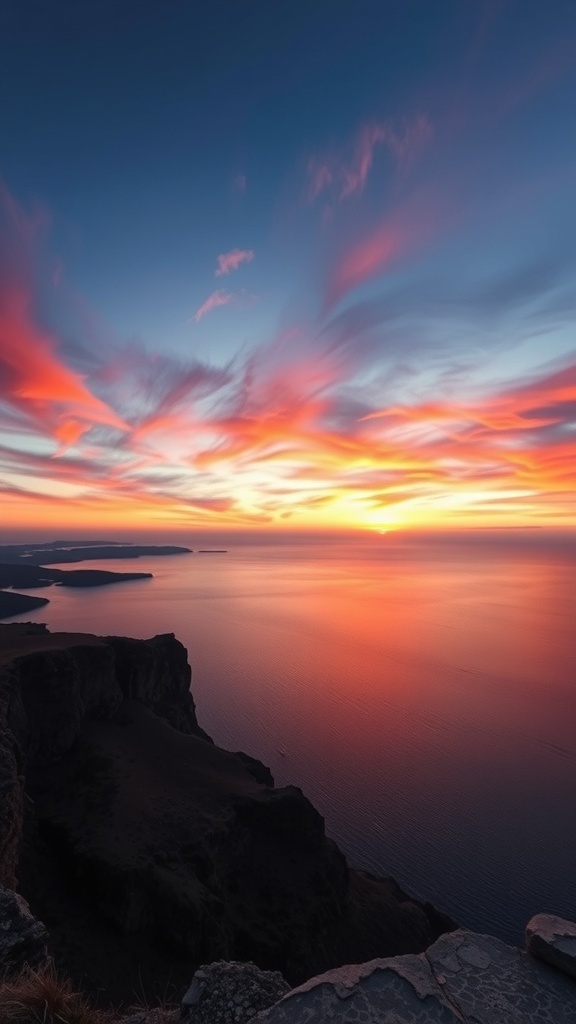 A stunning sunset over the sea in Milos, Greece, with vibrant colors in the sky.