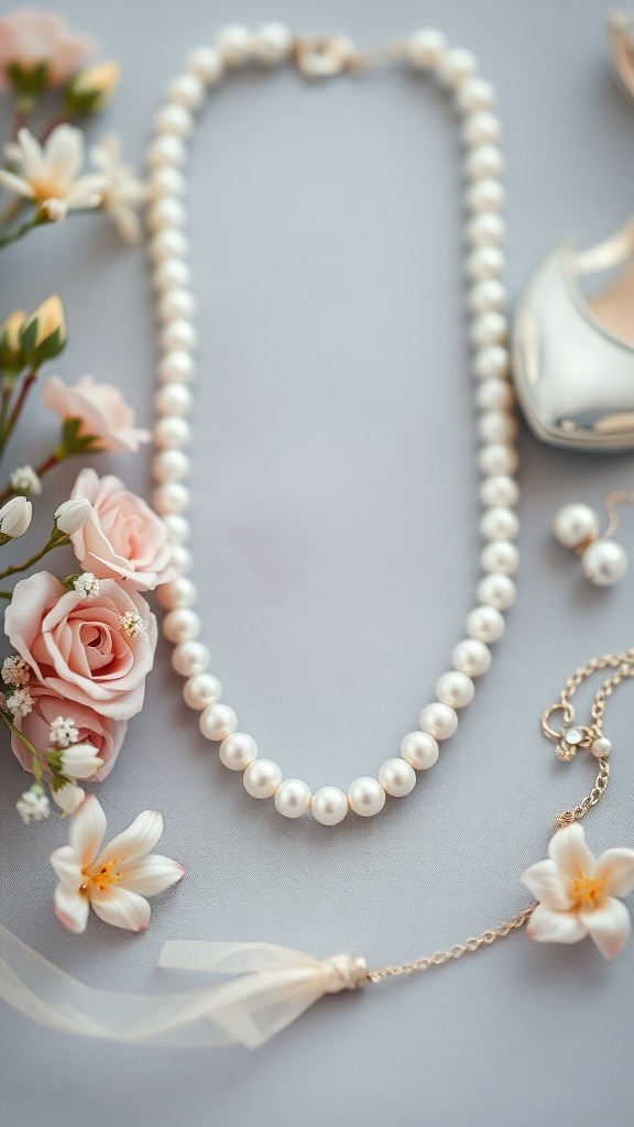 A pearl necklace surrounded by flowers and bridal shoes, symbolizing timeless romance.