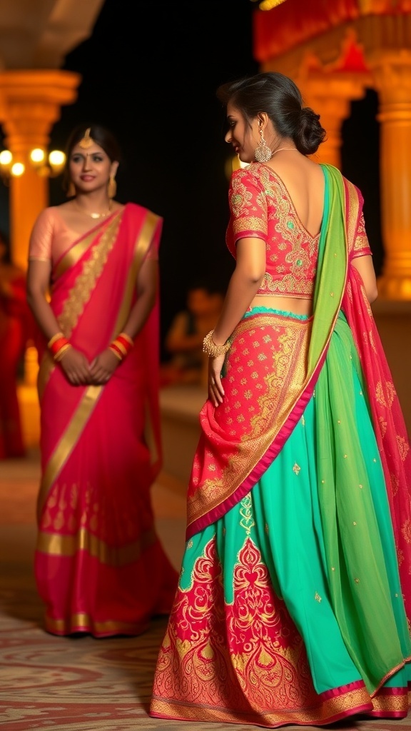 Two women in traditional attire, one in a bright red and green outfit and the other in a red saree, showcasing vibrant sangeet outfit ideas.