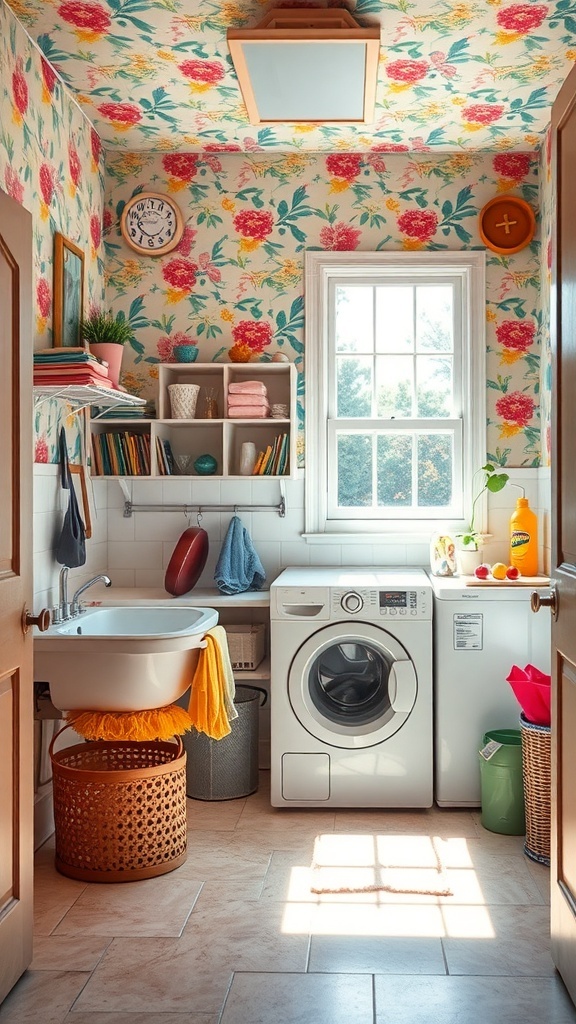 A bright and cheerful laundry room with floral wallpaper and natural light.