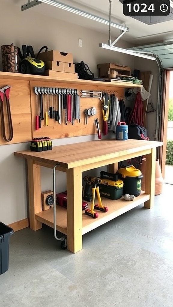 A custom wooden workbench with storage, tools hanging on the wall, and a clean garage space.
