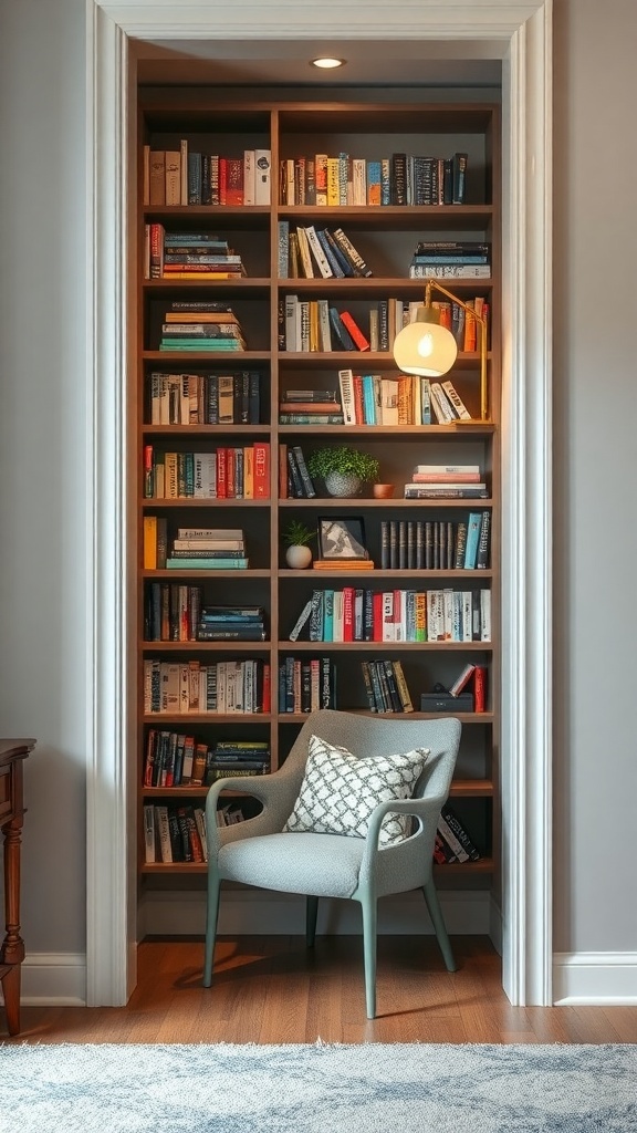 Cozy built-in bookshelf alcove with a chair and warm lighting