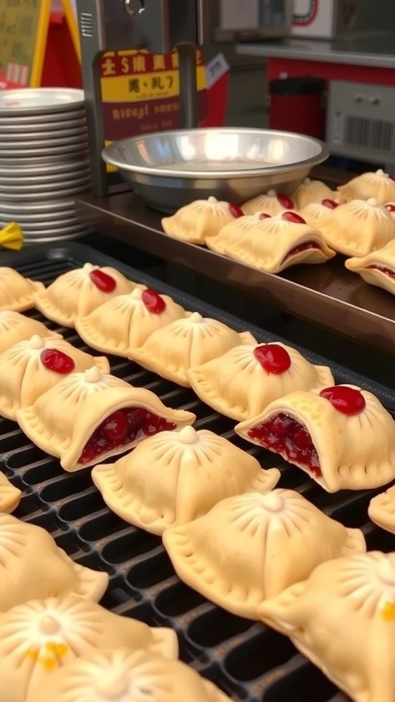 Freshly cooked bungeoppang pastries on a grill, showcasing their fish shape and red bean filling.