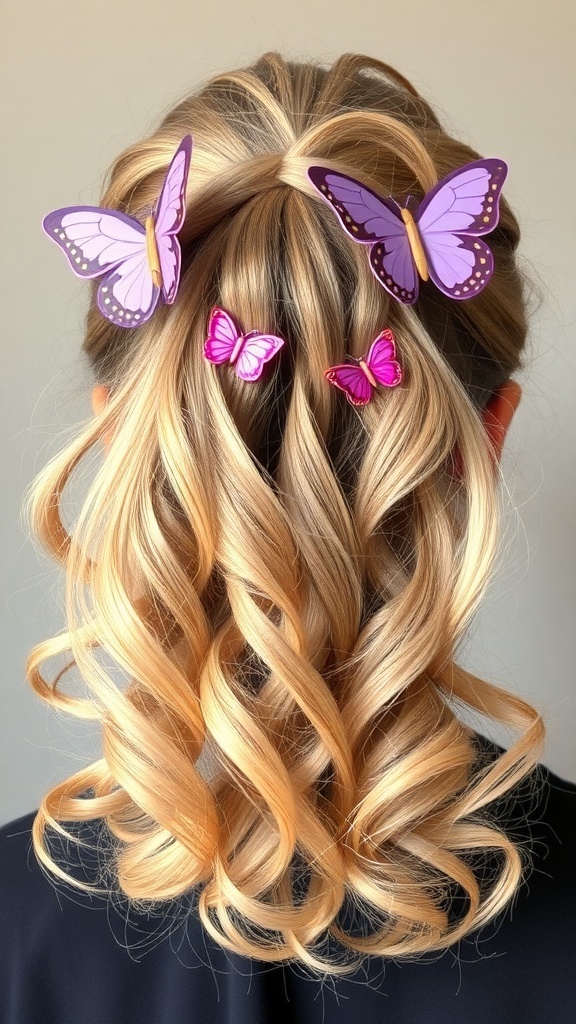A hairstyle featuring butterfly clips and textured waves, showcasing a playful 90s look.