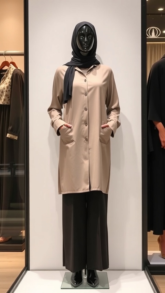 A button-up abaya in beige with side pockets, paired with wide-leg pants, displayed on a mannequin.