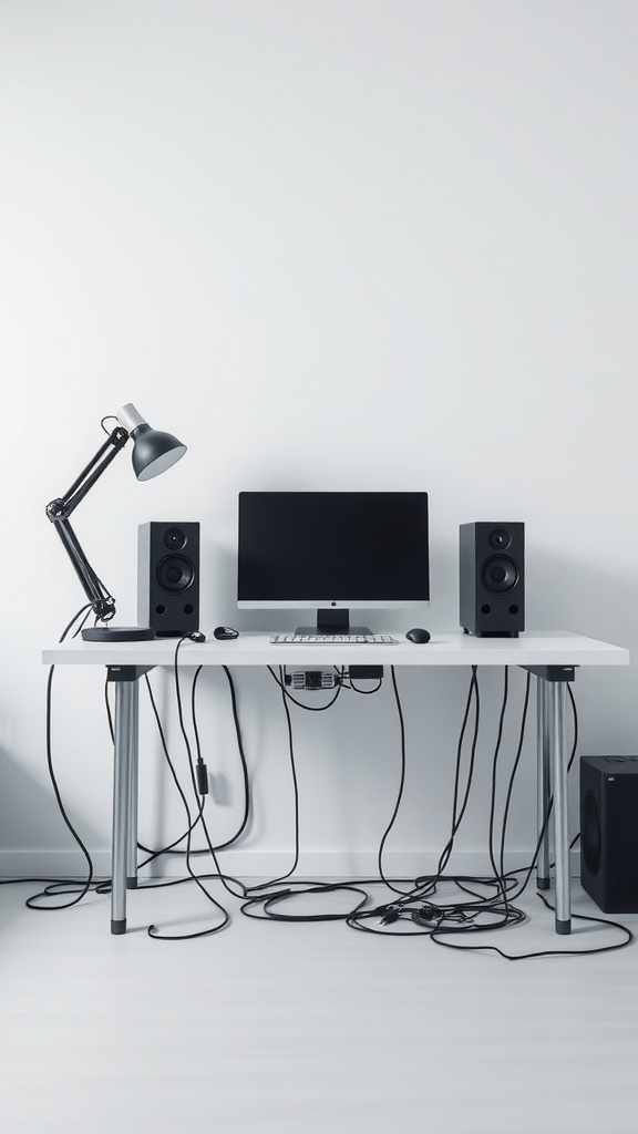 A minimal desk setup with a computer, speakers, and tangled cables.